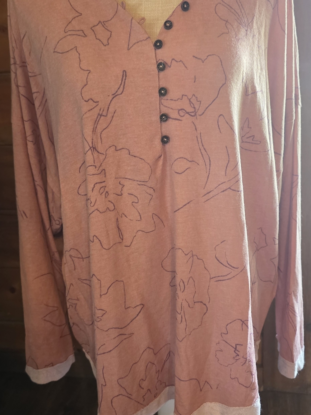 BUCKETLIST Long Sleeve Henley in Dusty Rose with Navy Floral Outline